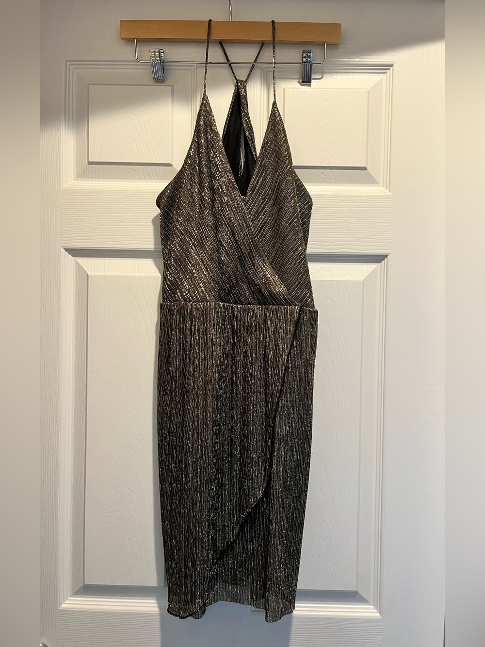 Express Metallic Bronze Spaghetti Strap Wrap Dress